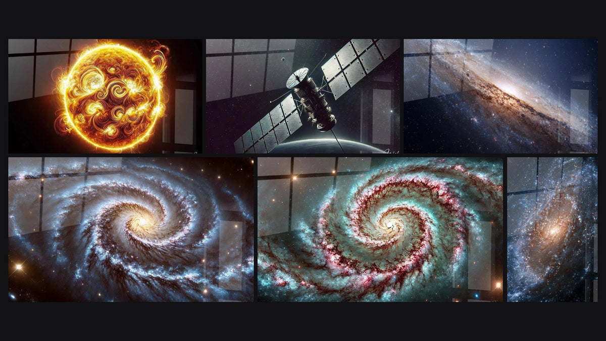 Mosaïque de six tableaux, dont Gardien de la Lumière, Éclaireur Spatial et Galaxie d'Andromède