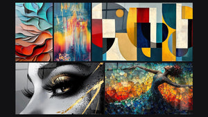 Mosaico de cinco cuadros, entre ellos Formas onduladas fluidas, Cascadas coloridas abstractas y Formas geométricas de colores