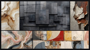 Mozaïek van vijf schilderijen, waaronder Abstract geometrisch grijs kolen zwart en Zijden Stromen