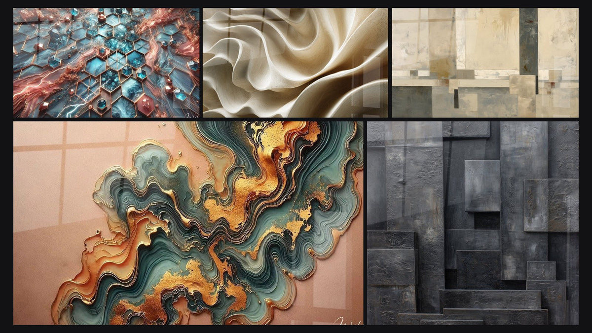 Mosaic of five paintings, including Networks of Brilliance, Wave Copper and Beige and Gray Geometric Composition