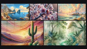 Mosaïque de cinq tableaux, dont Paysage Côtier Méditerranéen, Crépuscule du Désert et Pétales Gelés