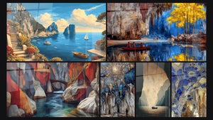 Mosaïque de six tableaux, dont Paysage Côtier Méditerranéen, Grotte Cenote Barque et Canyon Aquatique Cubiste