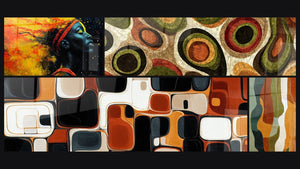 Mosaico de cuatro cuadros, entre ellos Mujer Africana fuerza mística, Círculos Coloridos y Formas Geométricas