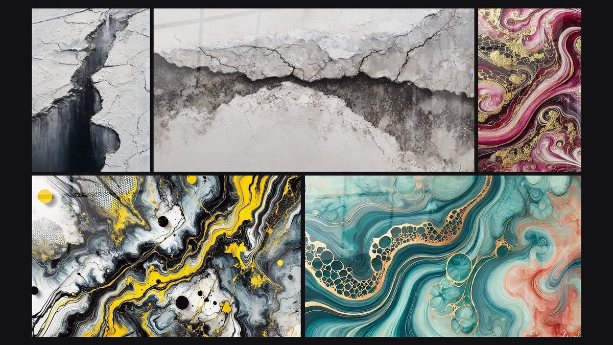 Mosaïque de cinq tableaux, dont Crevasse Glaciaire Gris et Noir, Flammes Pourpres et Impact Noir