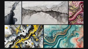 Mosaic of five paintings, including Glacier Crevasse Wall Art Grey and Black, Purple Flames and Black Impact
