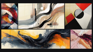 Mosaic of five paintings, including Circular geometric shapes, Contrasted Symphony Black and Sillage Abstract