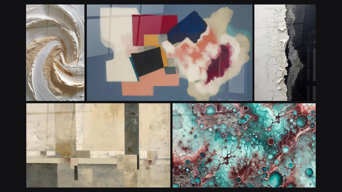 Mosaico di cinque quadri, tra cui Composizione geometrica beige e grigio e Forme geometrica di poesia quadrata