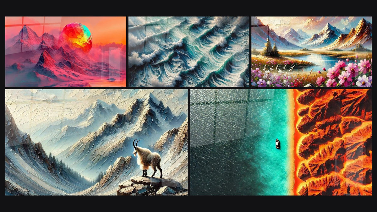 Mosaïque de cinq tableaux, dont Montagne futuriste, Murmures Abyssaux et Printemps Éternel