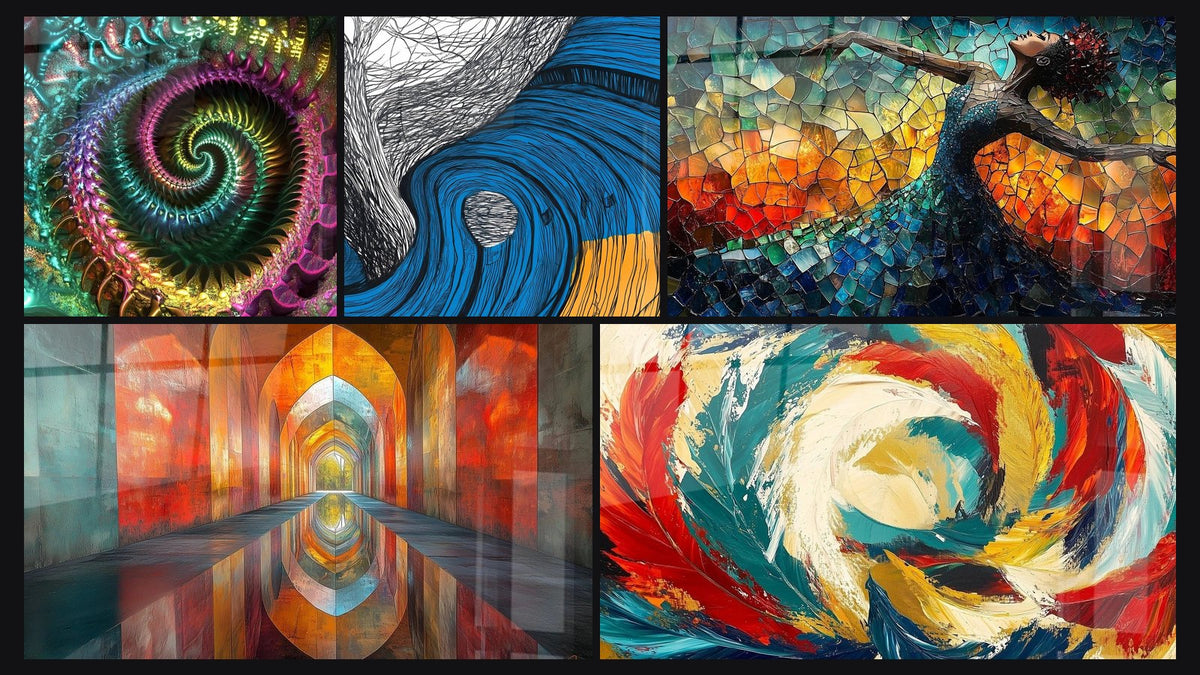 Mosaico di cinque quadri, tra cui Tavola a spirale frattale multicolore e Tavola vaga a spirale blu