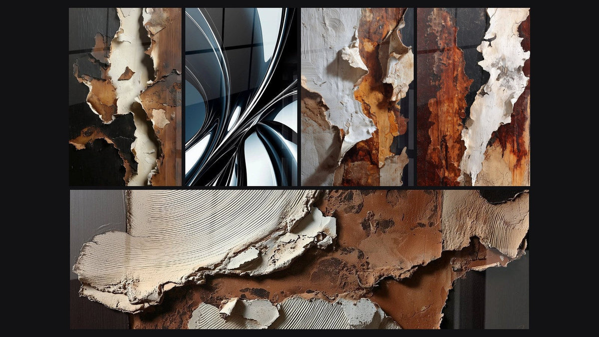 Mosaic of five paintings, including Metallic chrome spiral and Abstract Earth and Off-White Texture