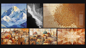 Mosaïque de six tableaux, dont Sommet enneigé et Côte océanique vue aérienne