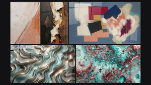 Mosaic of five paintings, including Textured Diagonal White and Brick, Ethereal Curves and Geometric Forms Square Poetry