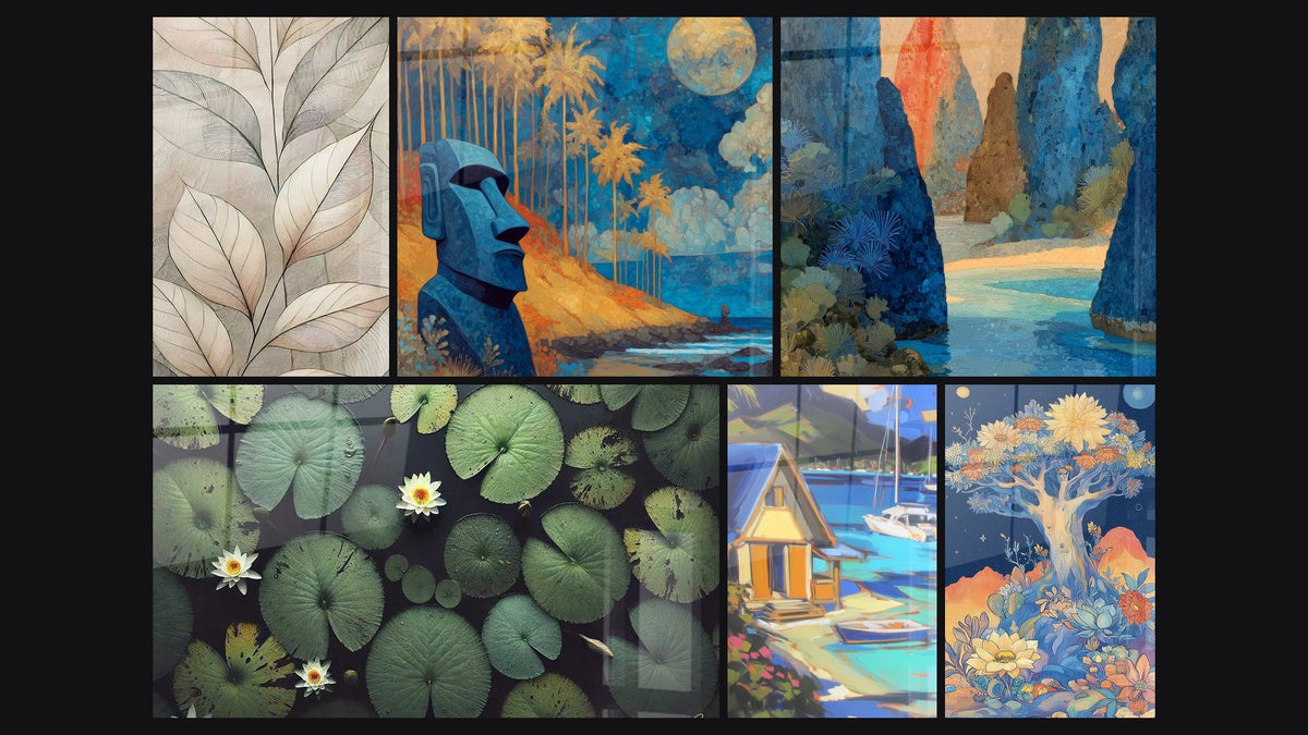 Mosaico di sei quadri, tra cui Traccia Botanica, Mistero degli Stagni e Moai dell'Isola di Pasqua