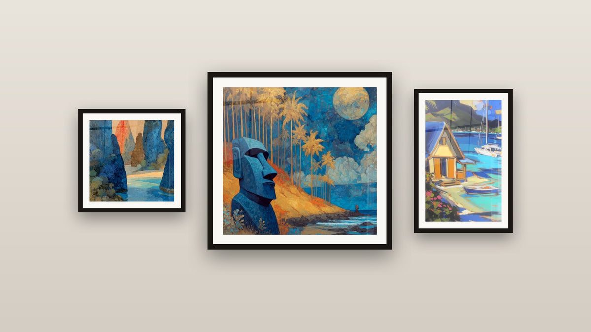Galeriewand mit drei gerahmten Gemälden: Moai-Bild Osterinsel, Tropische Landschaft und Tropisches Haus