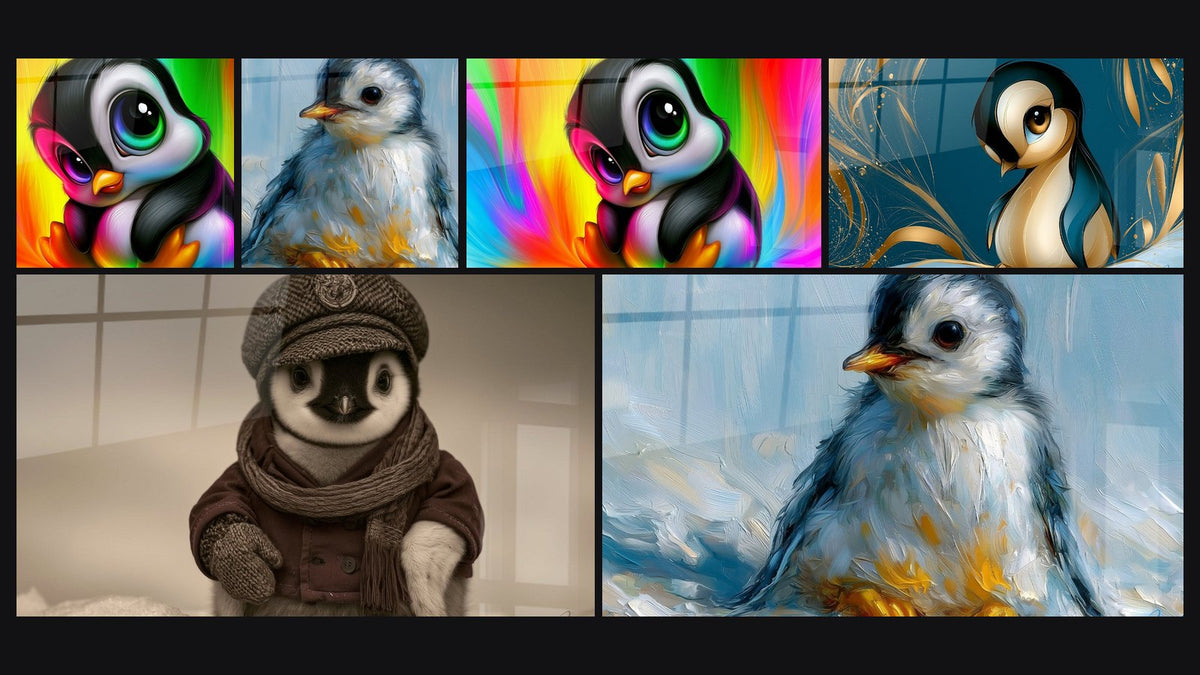 Mosaic of six paintings, including Fluffy Penguin Chick Blue and Gold and Baby Penguin Hat and Mittens Bordeaux