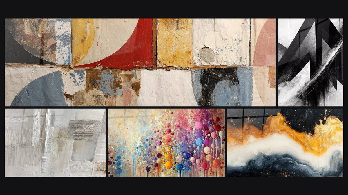 Mosaïque de cinq tableaux, dont Formes géométriques abstraites, Trajectoires Fracturées et Mosaïque de Sphères