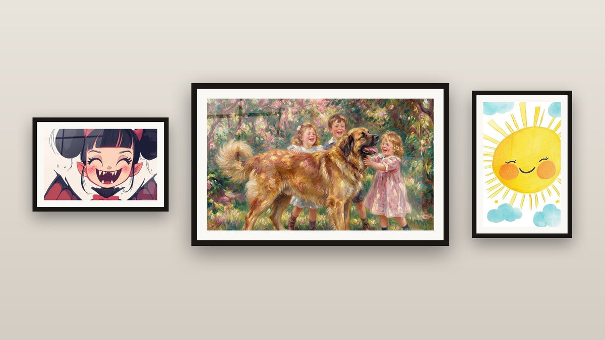 Gallery wall with three framed paintings, including Vampire Artwork No. 1 and Children's Wall Art No. 21