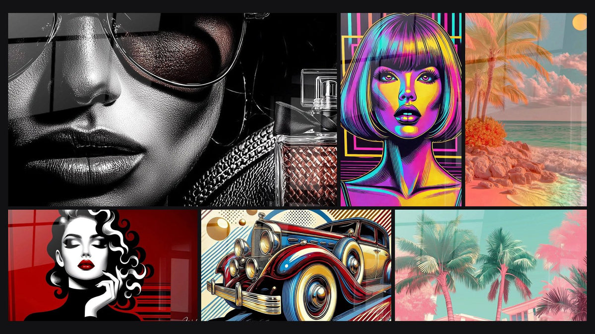 Mosaic of six paintings, including Retro Style and Scarlet Reverie