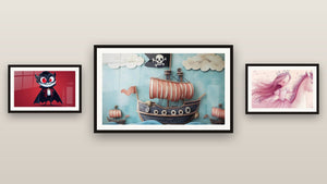 Galerijwand met drie ingelijste schilderijen, waaronder Piratentafel Nr. 2