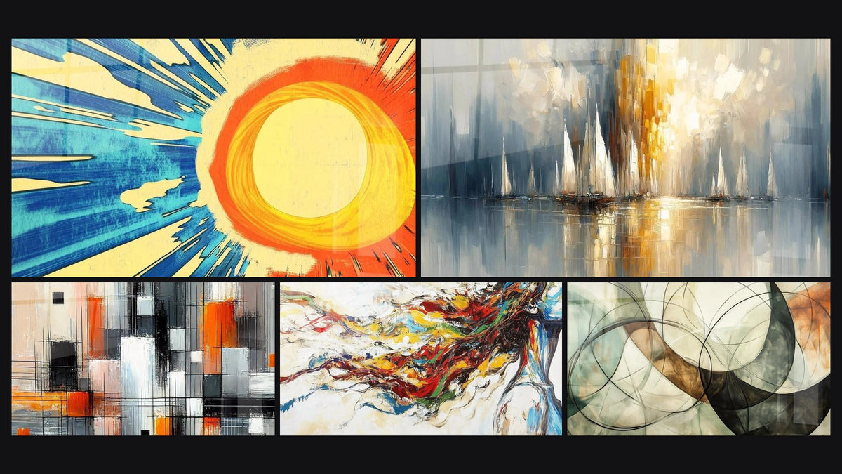 Mosaïque de cinq tableaux, dont Soleil radiant, Mécanique des couleurs et Aurore sur la Baie