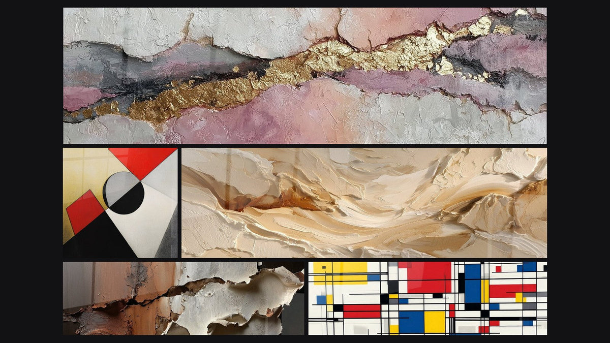 Mosaico de cinco cuadros, entre ellos Formas geométricas de colores y Composición geométrica