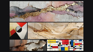 Mosaico de cinco cuadros, entre ellos Formas geométricas de colores y Composición geométrica