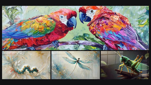 Mosaïque de quatre tableaux, dont Perroquet Messagers du soleil, Danse de la Chenille et Les Ailes du Rêve