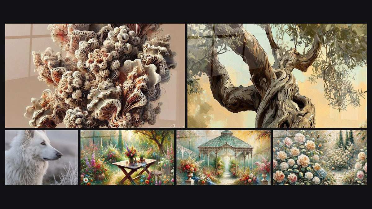 Mosaïque de six tableaux, dont Complexité Naturelle, Berger Blanc Suisse Profil Regard Perdu et Olivier N°2