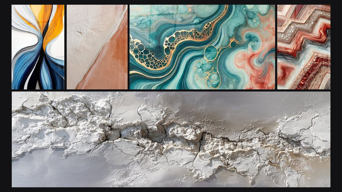Mosaik aus fünf Gemälden, darunter Dynamische farbige Fluss-Leinwand und Gezeitenwelle Aquarell
