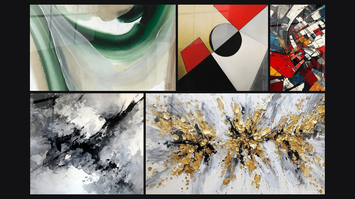 Mosaic of five paintings, including Emerald Silk, Colorful geometric shapes and Architectural Revolution Modern