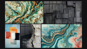 Mosaico de cinco cuadros, entre ellos Mármol Misterioso, Formas Geométricas Contraste Funcional y Marea de Acuarela