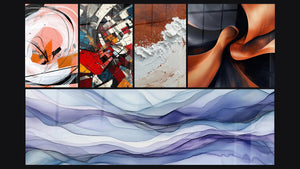 Mosaic of five paintings, including Architectural Revolution Modern, Dreamy Scrolls Periwinkle and Sculptural Momentum Copper