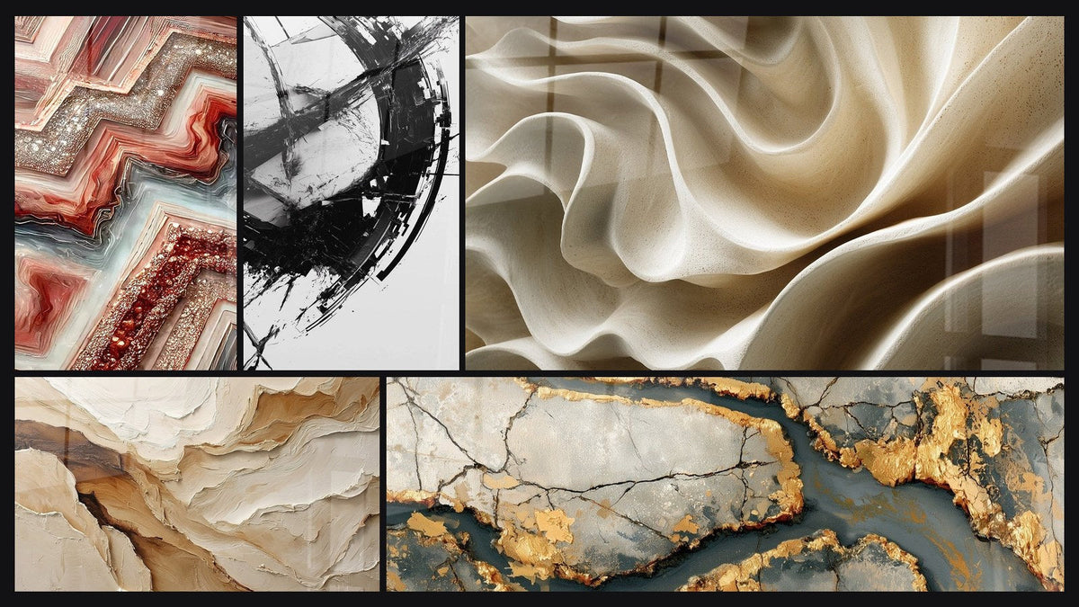 Mosaico de cinco cuadros, entre ellos Fusión Geométrica, La Fractura del Tiempo y Abstracto Beige y Tierra