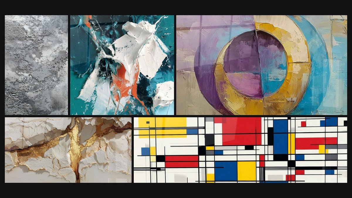 Mosaico de cinco cuadros, entre ellos Composición geométrica y Blanco Brillante y Sarcelle en Relieve
