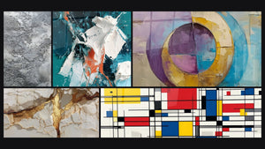 Mozaïek van vijf schilderijen, waaronder Tafel geometrische compositie en Gekleurde concentrische cirkels