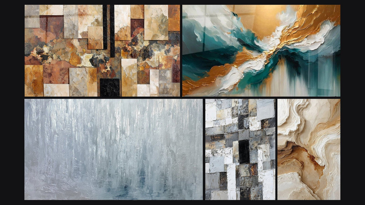 Mosaico di cinque quadri, tra cui Luce degli Abissi, Mosaico Astratto Grigio e Bianco e Astratto Texture Beige e Ocra
