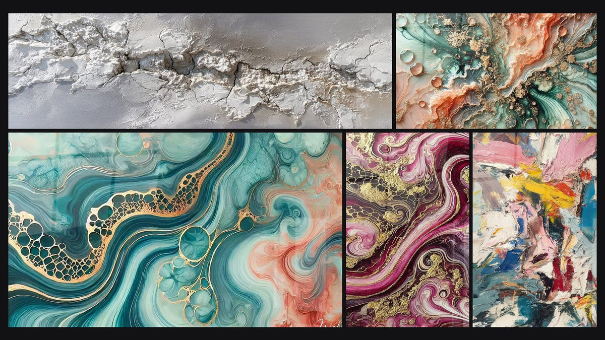 Mosaik aus fünf Gemälden, darunter Gezeitenwelle Aquarell, Purpurflammen und Korallentraum