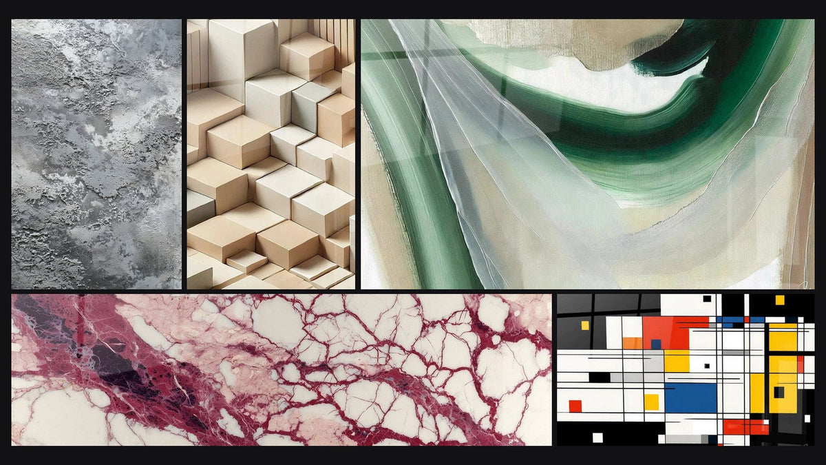 Mosaïque de cinq tableaux, dont Minimalisme Sculpté, Soie d'Émeraude et Veines pourpres et crème sur fond écru