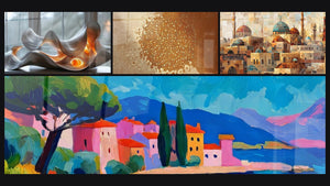 Mosaïque de quatre tableaux, dont Sculpture moderne ondulante et Village méditerranéen coloré