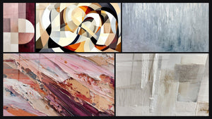Mosaïque de cinq tableaux, dont Abstrait aux nuances roses et terres et Formes circulaires entrelacées