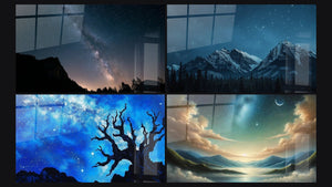 Mosaic of four paintings, including Milky Way Through Window, Snow-Covered Mountain and Cosmic Tree
