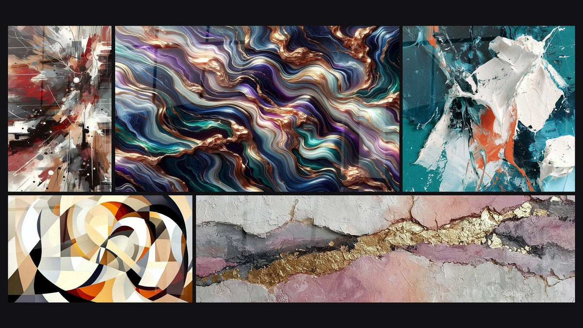 Mosaik aus fünf Gemälden, darunter Serenade Mineral und Mit verflochtenen kreisförmigen Formen