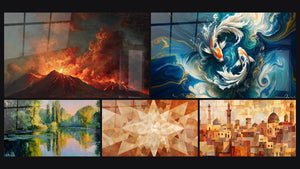 Mosaïque de cinq tableaux, dont Éruption volcanique et Reflets colorés sur lac paisible