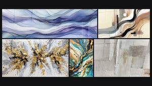 Mozaïek van vijf schilderijen, waaronder Tafelkleed Dromerige Maagdenpalm, Mineraal Labyrint en Abstract Zilt