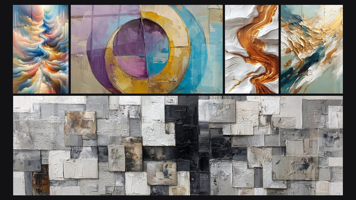 Mosaik aus fünf Gemälden, darunter Resonanz der himmlischen Töne, Konzentrische farbige Kreise und Fluss und Ebbe Golden
