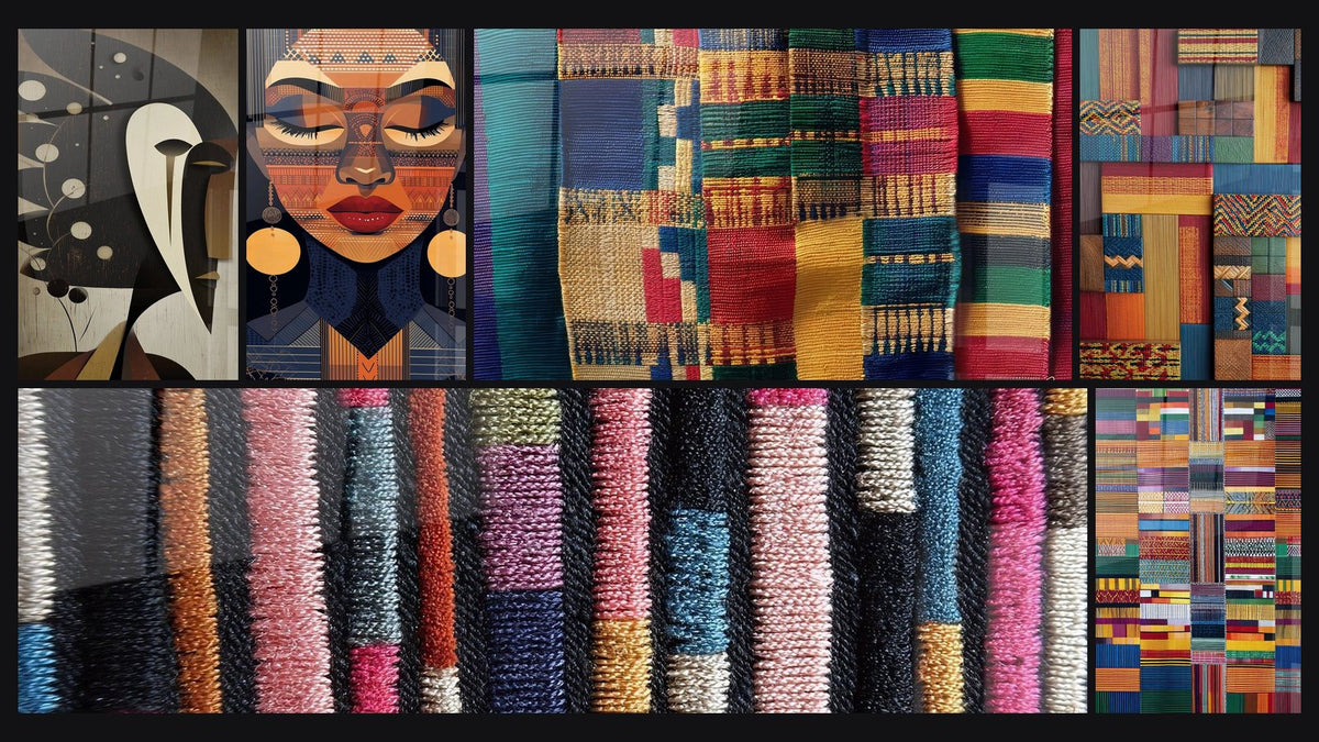 Mozaïek van zes schilderijen, waaronder Afrikaans Erfgoed Gezichtstafel, Vrouwelijke stamwijsheid en Patchwork textiel
