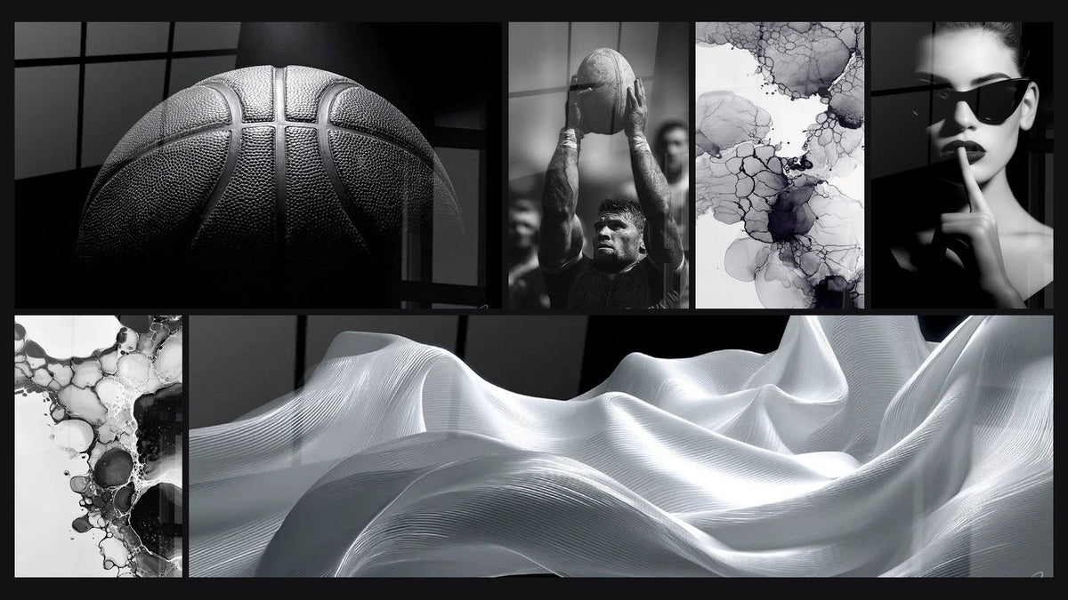 Mosaico de seis cuadros, entre ellos Balón de Baloncesto, Rugby Negro y Blanco y Burbujas abstractas