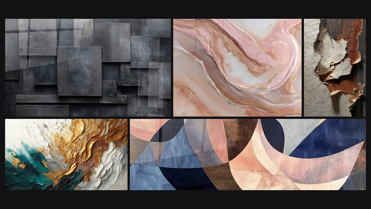 Mosaïque de cinq tableaux, dont Trace en Or et Jade et Fusion Arcs Gracieux Terracotta