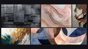 Mosaic of five paintings, including Trace Artwork in Gold and Jade