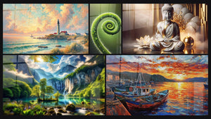 Mosaico de cinco cuadros, entre ellos Amanecer en el Faro, Espiral de la Vida y Paz Mármol